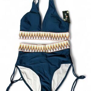 Women’s Two Piece Bikini Set NWT High Waist Bottom Zig Zag Trim Tie Sides Size S